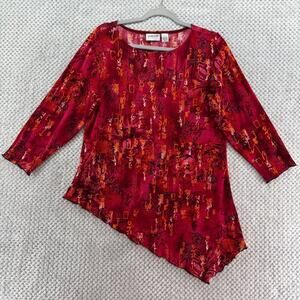 Chicos Top Womens 2 L/12 Red Floral Asian Font Asymmetrical Hem Crew Neck